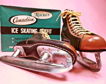 DEADSTOCK 1960s ice skates. New with box. Brown & black leather with yellow laces. Canadian Rocket. Spectacular mod! (M10/W11.5)