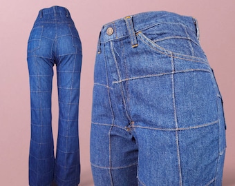 Window pane vintage jeans 1970s Sears Jeans Joint patchwork denim kick flares mens/unisex (32 x 34)