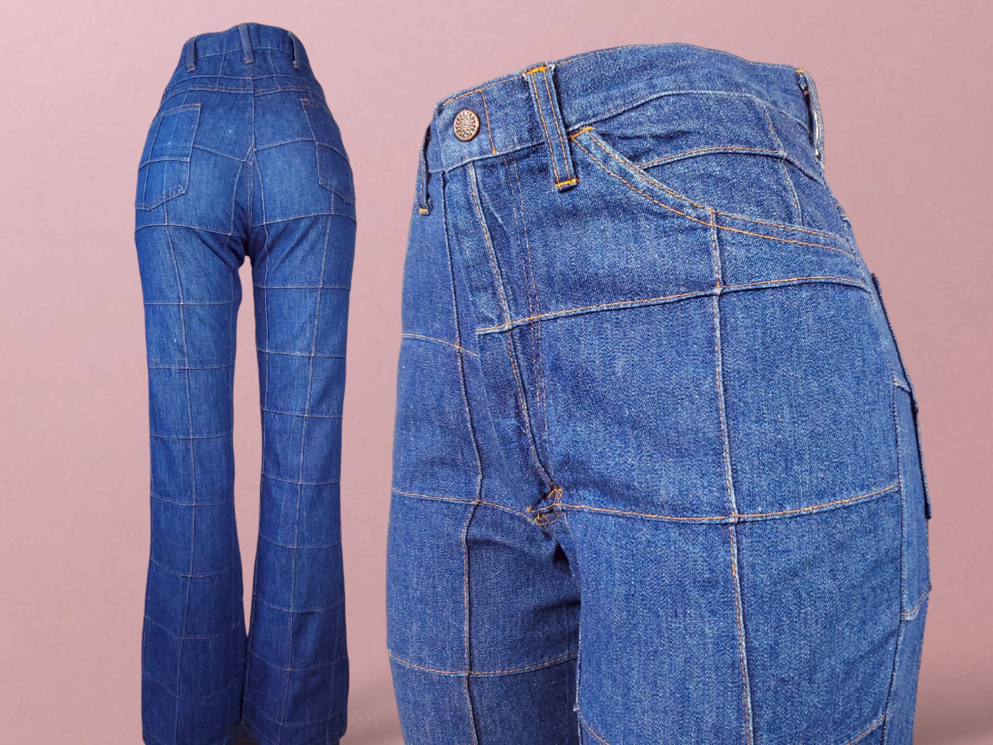 Window Pane Vintage Jeans 1970s Sears Jeans Joint Patchwork Denim