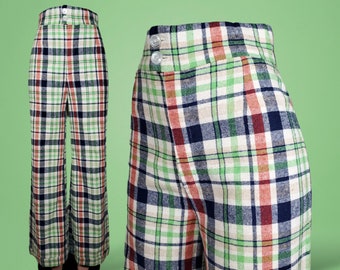 Handmade vintage plaid pants 1960s 70s spring colors ultra high rise wide cuffed legs (28 x 33)