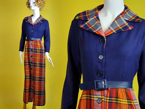 DEADSTOCK 1960's plaid dress.  Collared maxi dres… - image 1