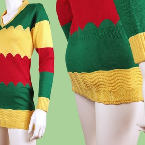 Unique deadstock pullover sweater. Vintage 80s. Bodycon, micro-mini, vibrant, rastafarian, red yellow green, scalloped pattern. XS image 1