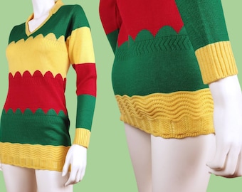 Unique deadstock pullover sweater. Vintage 80s. Bodycon, micro-mini, vibrant, rastafarian, red yellow green, scalloped pattern. (XS)