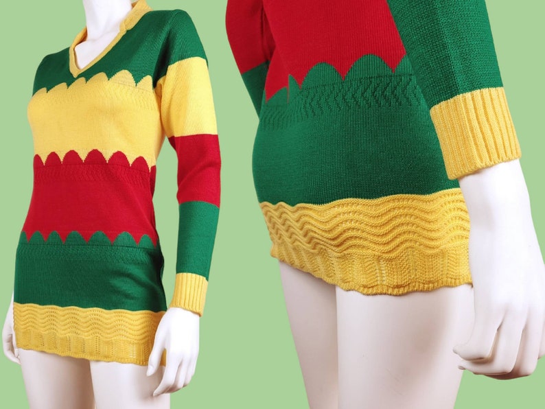 Unique deadstock pullover sweater. Vintage 80s. Bodycon, micro-mini, vibrant, rastafarian, red yellow green, scalloped pattern. XS image 1