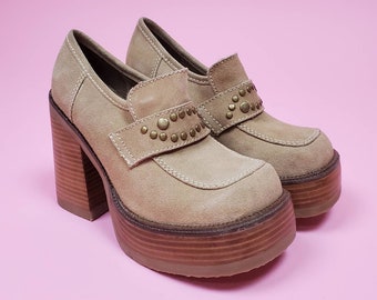Deadstock vintage 90s chunky platforms. Stacked leather block heels. Suede upper. 70&#39;s throwback. Size 7 is still available.