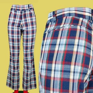 Bold plaid trousers from the 60s 70s. Red green blue yellow. Mod flare pants. Rough housers. (33 x 33)