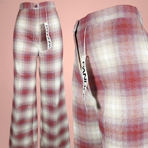 1970s plaid pants vintage deadstock by Pandora extra wide legs high rise slacks curvy fit earthtone colors with lavender intrigue (30 x 32)