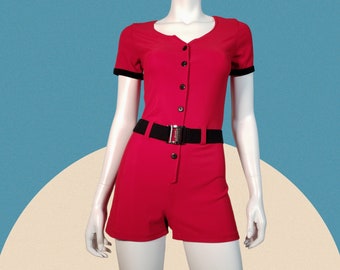 80s/90s bodysuit romper catsuit Frederick's red spandex sexy bodycon belted hotpants (S)