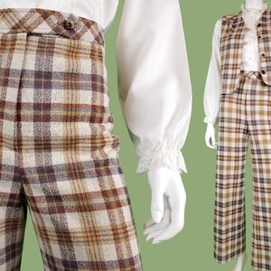 Poly plaid pantsuit set 2 piece pants vest 1970s. Textured polyester browns cream grey. High rise gathered vest. (28 waist/37 bust)