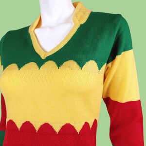 Unique deadstock pullover sweater. Vintage 80s. Bodycon, micro-mini, vibrant, rastafarian, red yellow green, scalloped pattern. XS image 4