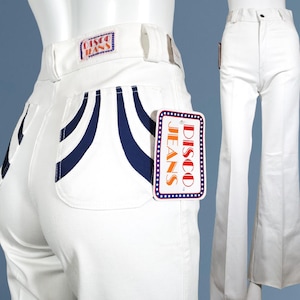 Vintage 1970s DISCO Jeans pants deadstock winter white/navy late era 70s inlay pockets high rise SLIM fit wide leg roller girl epic (27)