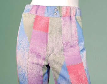 1960s vintage abstract pants novelty polyester double knit pastels mod bell bottoms (26 - 28 x 30)