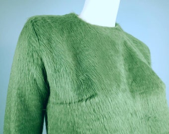 1960s mod furry sweater top! Green faux fur. no stretch. Made in France by Elbé. (Size S)