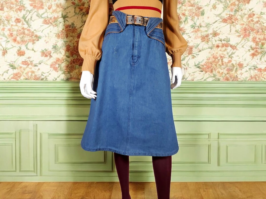 1970s Bohemian  Denim & Leather Patch Skirt