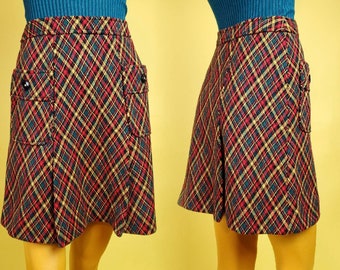 Vintage 1960s mod pleated skirt. Diagonal plaid. Wool blend. By Junior House. (Size S waist 26)