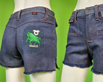 Vintage 70s zodiac Taurus jean shorts by STUFFED Jeans. Cut-offs. (Size 25)