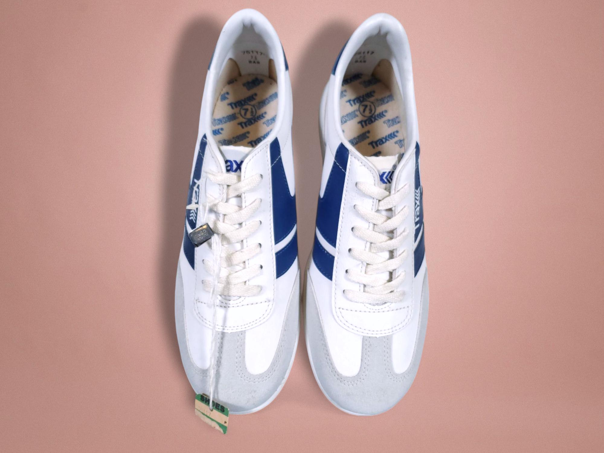 1970s TRAX Vinyl Sneakers, Deadstock White/blue Shoes (M 7.5/W 9