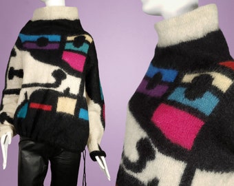 Wool 80s sweater unique mohair vintage pullover drawstring handknit abstract bauhaus modern art to wear new wave ooak (S - L)