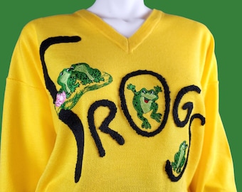 Vintage FROGS sweater! Playful yellow pullover applique embroidery V neck 60s 70s novelty cute animal. (M)