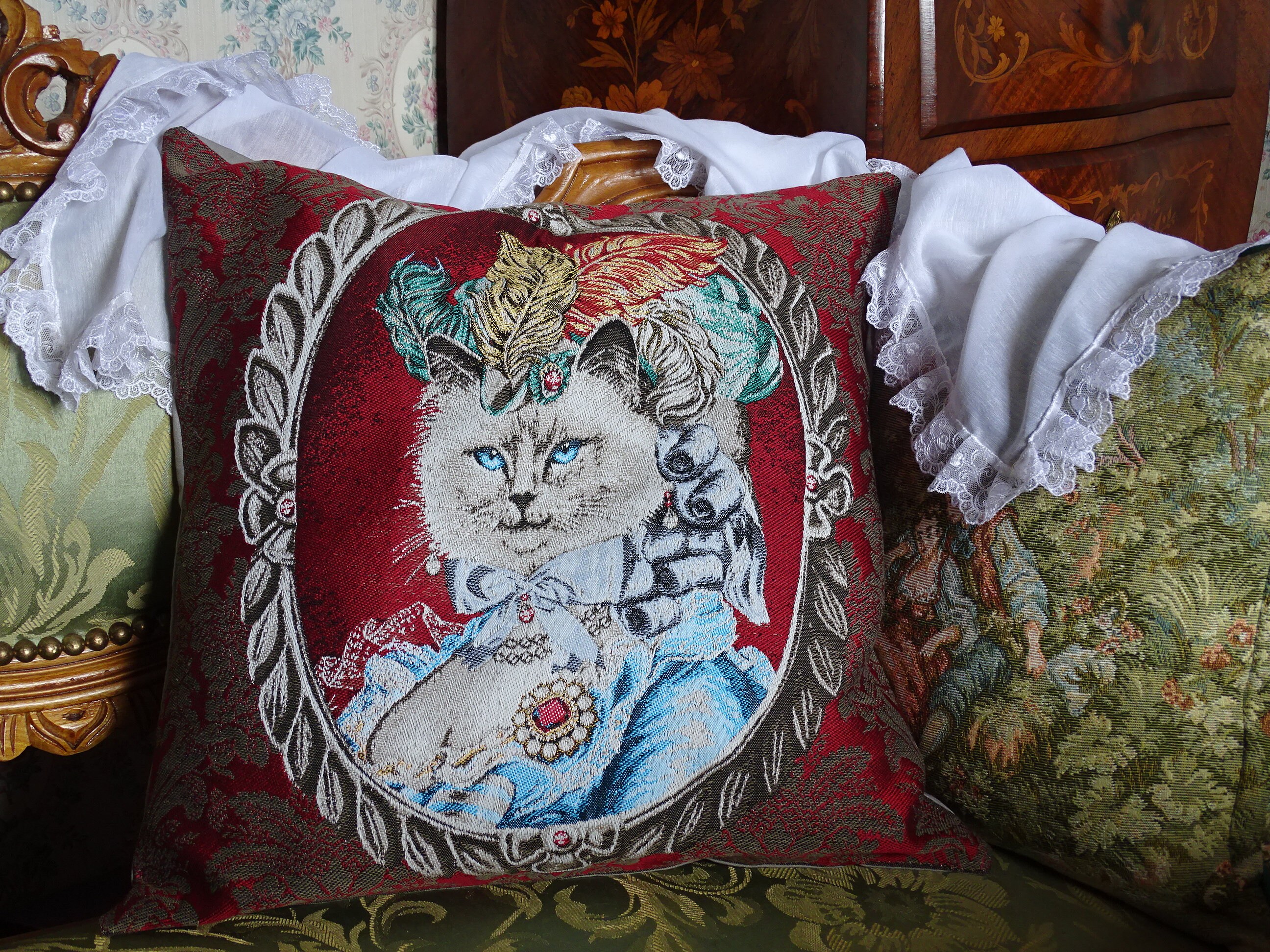 Housse de Coussin Tapisserie Chat Marie-Antoinette 44x44 cm Historique Décoration Salon