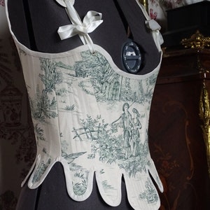 CUSTOMIZED corset Alice 18th century Marie-Antoinette rococo romantic pageant/cosplay in toile de Jouy and satin ribbons image 1