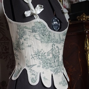 CUSTOMIZED corset Alice 18th century Marie-Antoinette rococo romantic pageant/cosplay in toile de Jouy and satin ribbons image 1