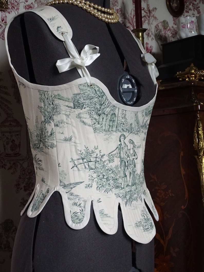 CUSTOMIZED corset Alice 18th century Marie-Antoinette rococo romantic pageant/cosplay in toile de Jouy and satin ribbons image 1