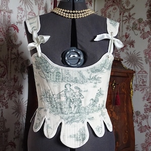 CUSTOMIZED corset Alice 18th century Marie-Antoinette rococo romantic pageant/cosplay in toile de Jouy and satin ribbons image 3