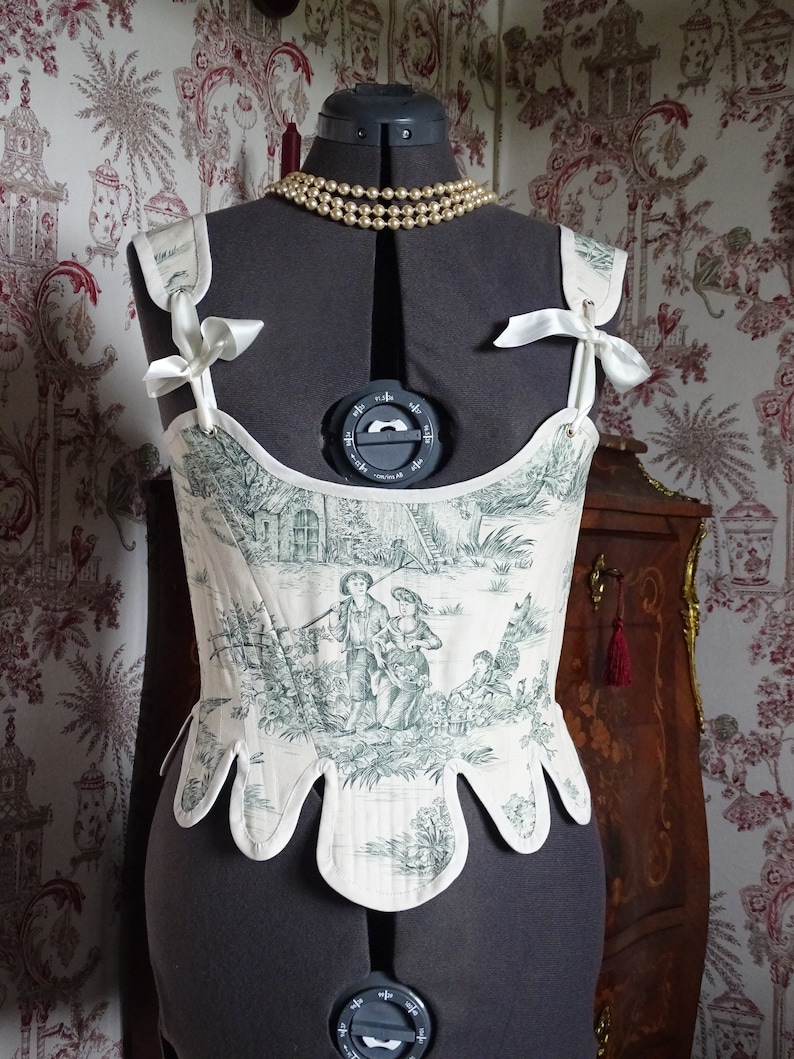 CUSTOMIZED corset Alice 18th century Marie-Antoinette rococo romantic pageant/cosplay in toile de Jouy and satin ribbons image 3