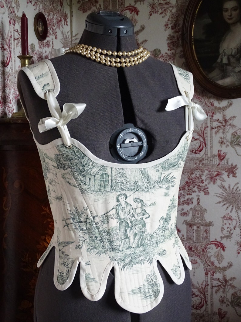 CUSTOMIZED corset Alice 18th century Marie-Antoinette rococo romantic pageant/cosplay in toile de Jouy and satin ribbons image 2