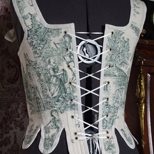 CUSTOMIZED corset Alice 18th century Marie-Antoinette rococo romantic pageant/cosplay in toile de Jouy and satin ribbons image 4