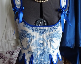 CUSTOM-MADE 18th Century Marie-Antoinette Rococo Romantic Historical Reenactment/Cosplay Corset in Toile de Jouy and Satin Ribbons