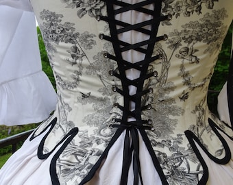 CUSTOM MADE corset 18th century Marie-Antoinette rococo romantic historical reenactment / cosplay in toile de Jouy and satin ribbons