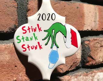 GRINCH Hand, 2020, Stink, Stank, Stunk, Christmas Tree Ornament, Porcelain, Mask, Quarantine 2020, Holiday, Xmas Decor