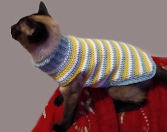 Cat on sweater, crochet pattern, cat jumper for cats, sphynx in a sweater, sphynx cat clothes, striped sweater for cat, cat sweater crochet.