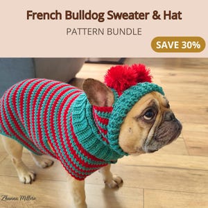 May include: A crochet French Bulldog sweater and hat set featuring a red and teal striped pattern. The hat includes two red pom-poms on top. The text on the image reads: French Bulldog Sweater & Hat, PATTERN BUNDLE, SAVE 30%, Zhanna Millere.