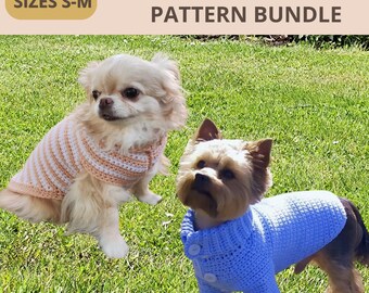 Hundepullover Häkelanleitung Bundle PDF | Hundebekleidung klein | Gestreifte Pullover & Button Cardigan | Größen S-M