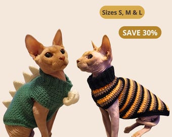 Cat Sweater Crochet Patterns PDF, Dragon & Striped Cat Sweater Bundle, Cat Clothes Pattern, Halloween Cat Outfit