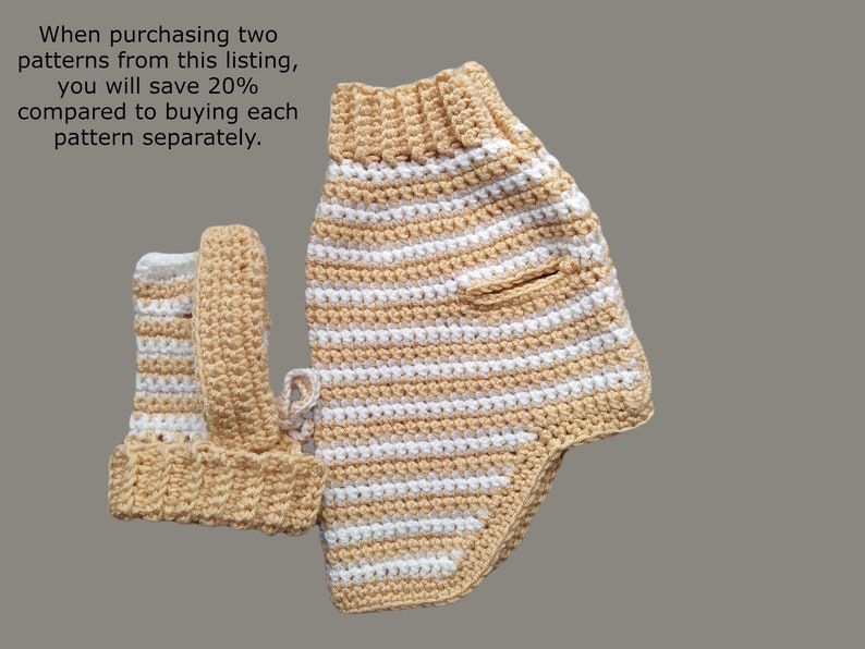 May include: Two crochet patterns, one is a striped top with a pocket and the other is a hat.  When purchasing both patterns together, you will save 20% compared to buying each pattern separately.