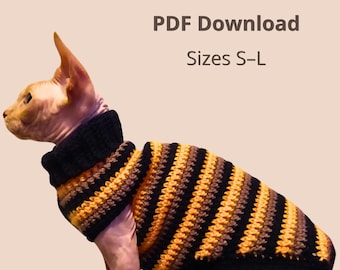 Katzen Pullover Häkelanleitung PDF | Sphynx Katzen Pullover Muster | Haustier Kleidung häkeln Anleitung für Anfänger | Größen S–L