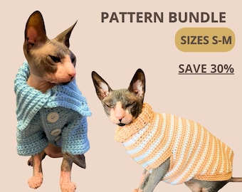Katzen Pullover Häkelanleitung Bundle PDF | Sphynx Katzen Kleidung | Gestreifte Pullover & Button Cardigan | Größen S-M