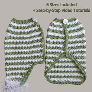 Op de afbeelding: Twee gehaakte hondentruien, één met een capuchon en een pompon, en de andere een vest. Beide zijn wit en groen gestreept met een knoopsluiting. De tekst "6 Sizes Included + Step-by-Step Video Tutorials" is zichtbaar.