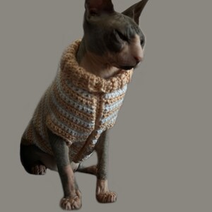 May include: A hairless cat wearing a crocheted sweater with beige and white stripes. The sweater has a button closure at the neck.