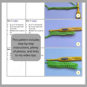 May include: A close-up of a crochet project with a yellow crochet hook. The project is green and has a textured stitch. The image includes text that says "This pattern includes step-by-step instructions, plenty of photos, and links to my video tips."