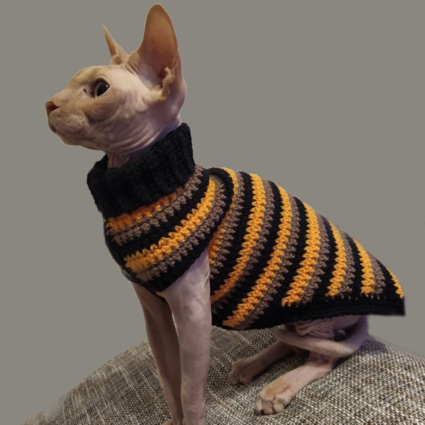 Crochet pattern for cats, sphynx clothes, gift for cat, designer cat clothes, cat sweater, striped sweaters for cats, pet clothes patterns.