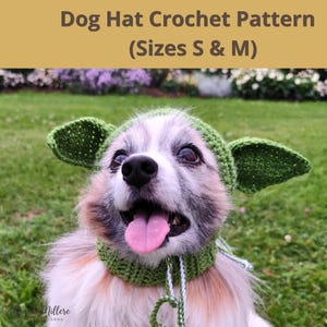 May include: A green crochet dog hat with large pointed ears and a chin strap, featuring the text Dog Hat Crochet Pattern (Sizes S & M) at the top. The hat is worn by a small dog with white, brown, and black fur and an open mouth with tongue out.