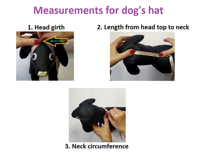 May include: Instructions for measuring a dog's head for a hat. The first image shows how to measure the head girth, the second image shows how to measure the length from the head top to the neck, and the third image shows how to measure the neck circumference.