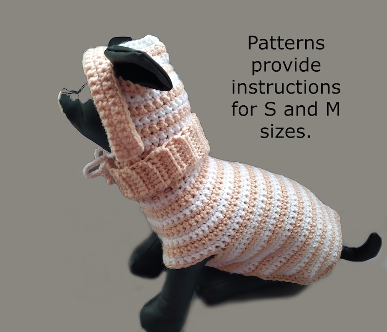 May include: A pink and white striped crocheted dog sweater with a matching hood. Patterns provide instructions for S and M sizes.