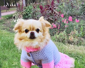 Dog dress pattern, small dog clothes girl, crochet pattern for dog sweater, dog dress crochet pattern, Pink dog dress, cat clothes pattern.