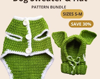 Hunde Pullover & Mütze Häkelanleitungen Bundle | Alien Hundekostüm PDF | Hundepullover mit Knöpfen | Größen S-M